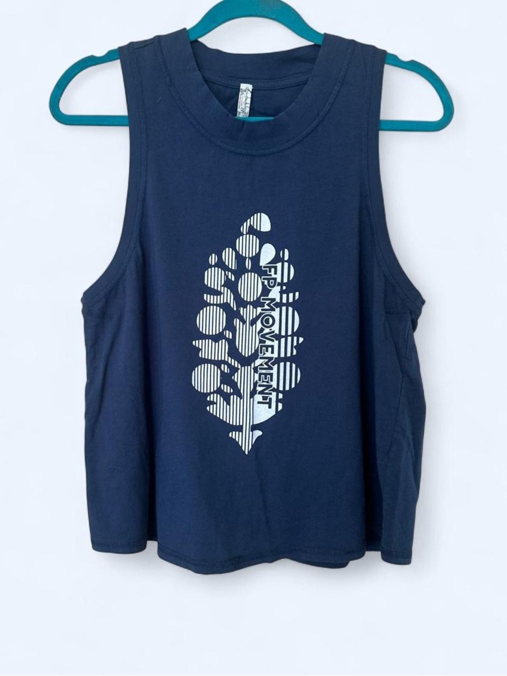 Free People Navy Graphic Muscle Tank with White Leaf Motif